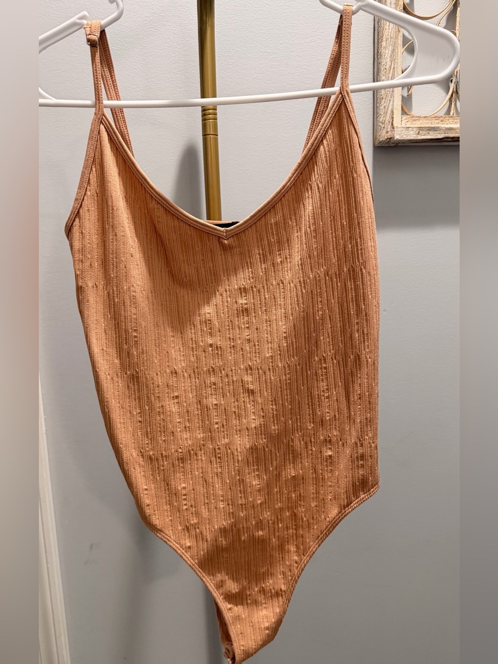 Forever 21 Ribbed V-Neck Bodysuit in Tan